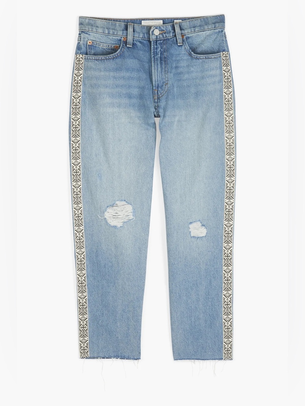 Lucky Brand Relaxed Taper Geometric Side Stripe Mom Jeans 6 28 Distressed Crop
